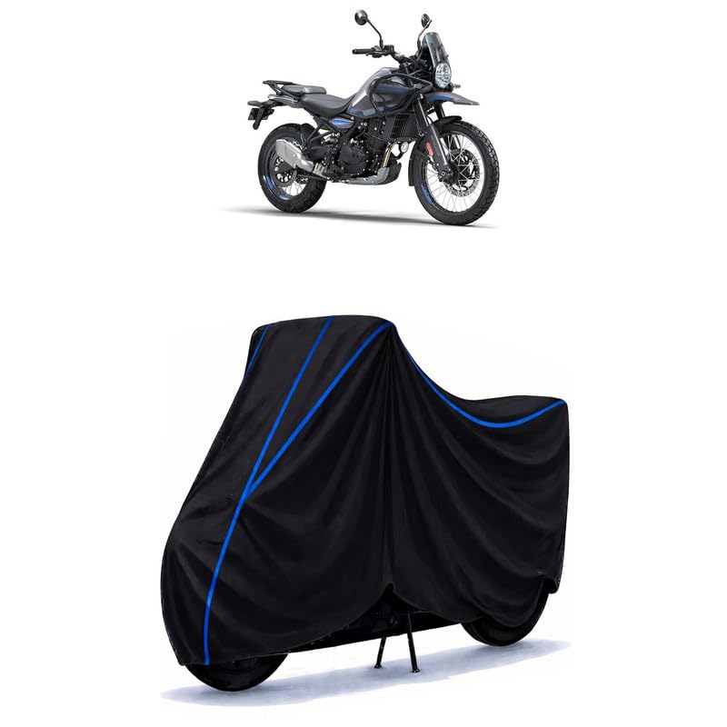 Image of Himalayan 450 Bike Cover Water Resistant Universal Motorcycle Rain | Heavy Duty UV Protection, Dust, Scratch Indoor Outdoor All Weather with Black Blue Piping Elastic
