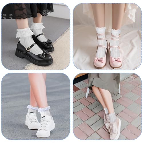 Image of CIATBYYJ 5 Pairs White Lace Socks Women, Elastic and Comfortable Frilly Socks Women, Lace Ruffle Sock Matching with Dresses, Skirts, Sneakers, Loafers, Durable Cotton Ruffled Sock for Womens