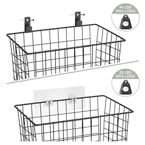 Wall Hanging Baskets 3 Pack Large Diversified Wire Basket Shelves of Wooden Style with Wall Mounted Metal Hooks Traceless Stickers for Kitchen Coffee Bar Office Room Garage Storage Organization