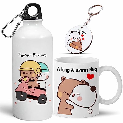 Image of Bubu Dudu Love Gift for Birthday /Anniversary Sipper Water Bottle 750 ML Aluminium with 320 ML Coffee Mug, Wooden Keychain Combo Pack MSK-V (Design-4)