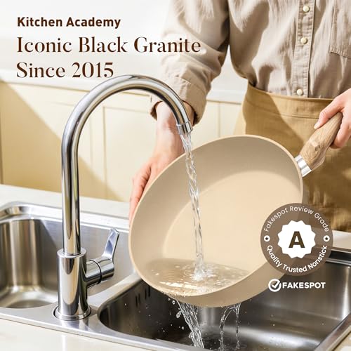 Image of Kitchen Academy Beige Pots and Pans Set Non Stick, 12Pcs Induction Cookware | Granite Nonstick Cookware Sets. Healthy kitchen cooking pan and pot. Even heating, easy to clean.100% PFOA & PFAS free.