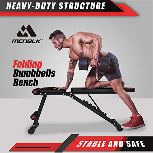 MCNBLK Adjustable Weight Bench 400lbs Capacity, Incline Decline Weight Lifting Workout Bench Home Gym, Multi-Position Utility Bench for Full Body Workout, Folding Dumbbells Bench with Elastic Ropes