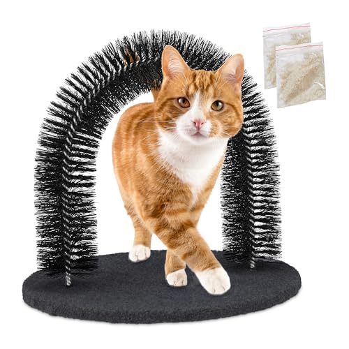 Relaxdays Enthaarungsbogen Katze, rund, mit Katzenminze, HxBxT: 34 x 36 x 28,5 cm, Fellpflegebogen mit Borsten, schwarz