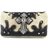Justin West Gleaming Western Laser Cut Rhinestone Turquoise Cross Studded Wristlet Trifold Wallet Attachable Long Strap Collection (Beige Black)