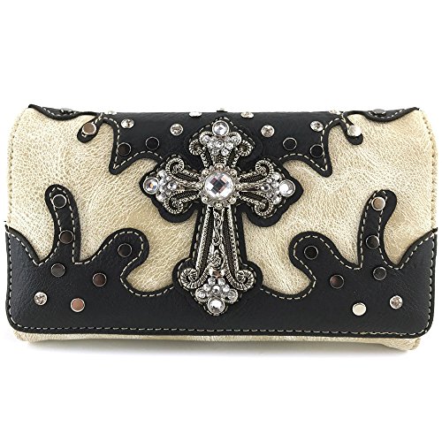Justin West Gleaming Western Laser Cut Rhinestone Turquoise Cross Studded Wristlet Trifold Wallet Attachable Long Strap Collection (Beige Black) #TOP21