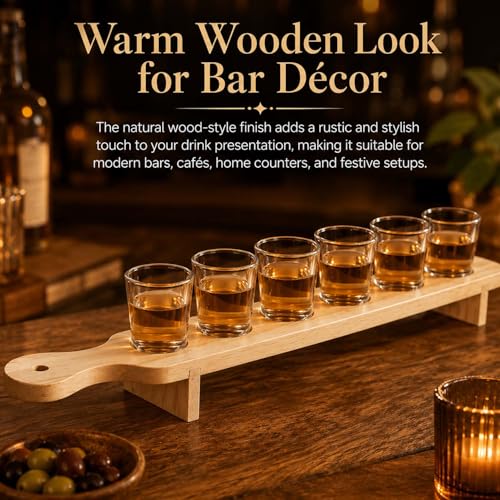 Image of Go Hooked Wooden Shot Glass & Paddle Set with 6 Glasses, 30 ml Glass Capacity, Wooden Serving Paddle Tray with Holder Stand for Party Serving, Tastings, Gatherings, Table Presentation