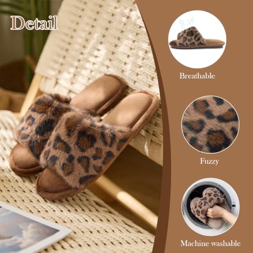 Image of GOEWY Women's Fuzzy Open-Toe House Slippers with Memory Foam - Leopard Print Cheetah Plush Cozy Cute Slipper Indoor /Outdoor Soft Slip On Slides Gifts for Women Mom Her Ladies