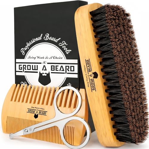Beard Brush for Men with Beard & Mustache Comb Set, Beard Grooming & Care Kit, Natural Boar Bristle Brush, Dual Action Wood Comb, Grooming Scissors, and Travel Bag, Great Fathers Day, Dad & Men Gifts