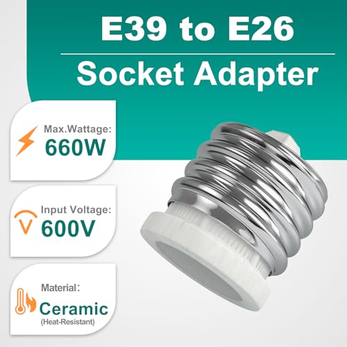 Image of DiCUNO E39 to E26 Socket Adapter, Mogul to Standard Medium (E26), Max 660W and 200C Heat Resistant E39 Porcelain Adapter UL Listed