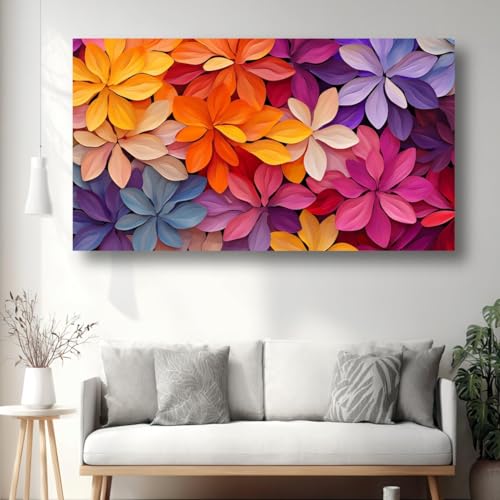 Décoration intérieure lumineuse avec ce grand tableau abstrait floral sur toile de salon moderne