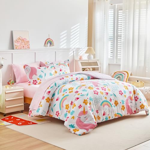 Girls Bed in a Bag Twin Size White Unicorn Comforter Set with Rainbow Flower - Soft 6 Pcs Pink Bedding Set (1 Comforter, 2 Pillow Shams, 1 Flat Sheet, 1 Fitted Sheet, 1 Pillowcases)