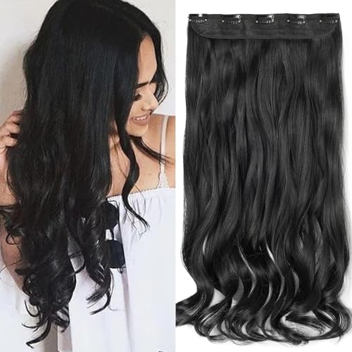 Image of Chaam 26 Inch Cotton Lace 3 /4 Full Head Clip in Synthetic Hair Extension, One Piece Clip in Hair Weft with 5 Clips, Half Head Wavy Hairpiece for Daily Use (Black, 178 Gram)