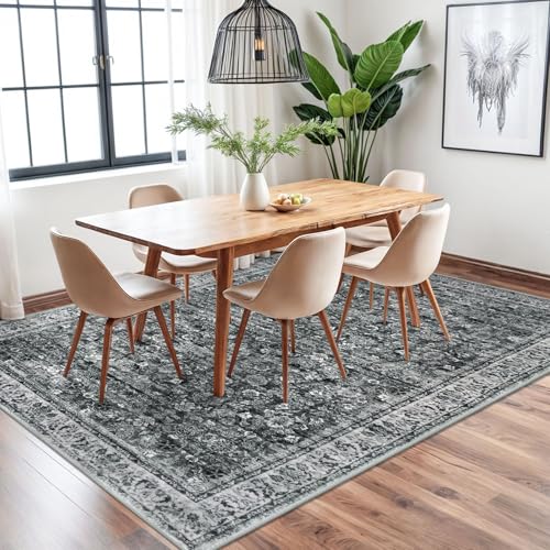 Moss Charcoal 6x9 Area Rug for Living Room, Large Washable Area Rugs for Bedroom, Soft Vintage Rug with Non-Slip, Non-Shedding Tribal Carpet for Farmhouse, Nursery, Playroom, Dining Room