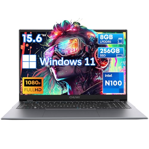 CHUWI 15.6 inch Laptop, 8GB LPDDR5 RAM 256GB SSD, Intel N100(Beat N95/N5095, 3.4GHz), Windows 11 Laptops PC, FHD 2K IPS Display, 1TB SSD Expand, RJ45, WiFi 6, BT5.2, HDMI, USB3.0, Webcam