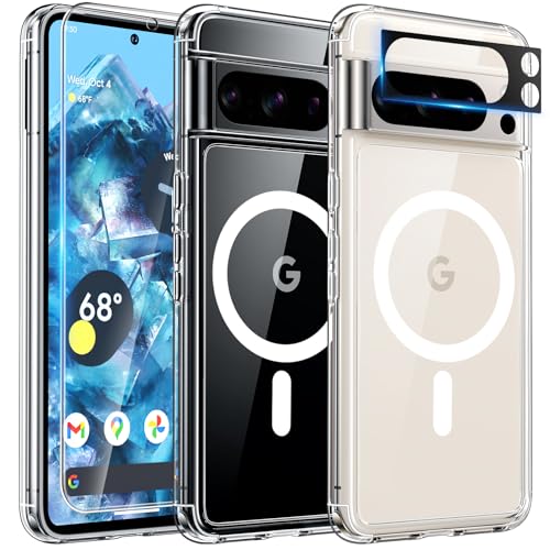 TAURI 5 in 1 für Google Pixel 8 Pro Hülle, [Kompatibel mit Magsafe] [Militärischer Schutz] mit 1 Handyhülle + 2 Stück Schutzfolie + 2 Stück Kameraschutz Anti-Gelb Stoßfest Schutzhülle - Transparent