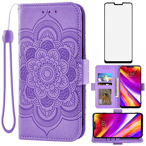 Compatible with LG G7 ThinQ Wallet Case and Tempered Glass Screen Protector Flip Card Holder Cell Phone Cover for LGG7 One G 7 Plus LG7 Fit LG7ThinQ 7G Thin Q G7+ G7thinq LGG7thinq Women Men Purple