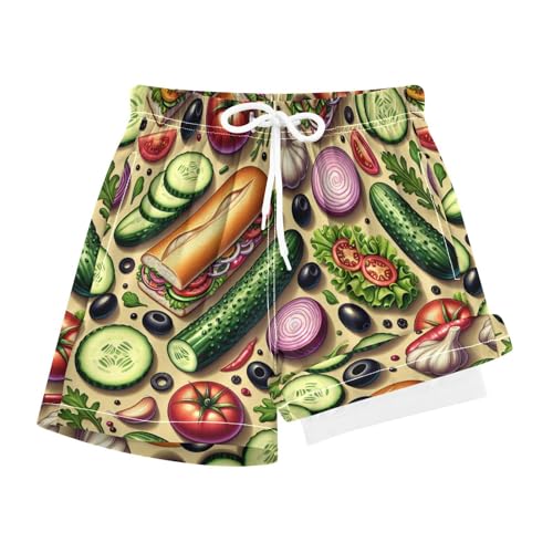 YANENDIE Boy Swim Trunks with Compression Liner Vegetables and Sandwiches Boys Swim Shorts Quick Dry Beach Shorts