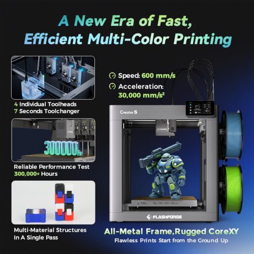 Image of FLASHFORGE Creator 5 3D Printer, 4 Toolheads 7S Toolchanger Multi-Filament Printing, CoreXY 600mm /s 5X Faster Color Switch, Near-Zero Waste System, Auto Bed Leveling, Smart Extrusion Stunning Results