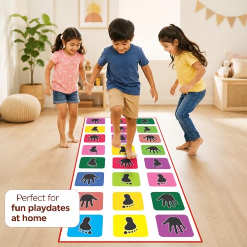 Image of Amazon Brand - Jam & Honey Jumbo Hopscotch Play Mat for Kids 4+ Years, Stapu Kith Kith Game Mat with Hand & Foot Prints, Indoor Outdoor Floor Play Mat, BIS Certified Safe