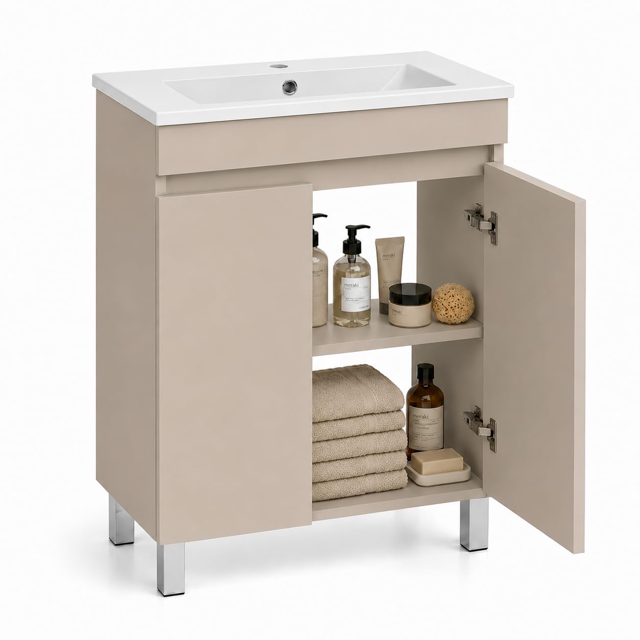 Mueble de baño con lavabo de pie con lavabo con acabado en cachemira (beige) mate, 60 x 40 cm, sistema de cierre suave.