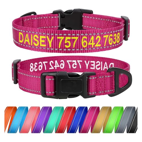 TagME Personalizzato Collare per Cani, Ricamato Collare Cane con Nome e Numero di Telefono, Nylon Riflettente per Animali di Media Taglia, Rosa Caldo