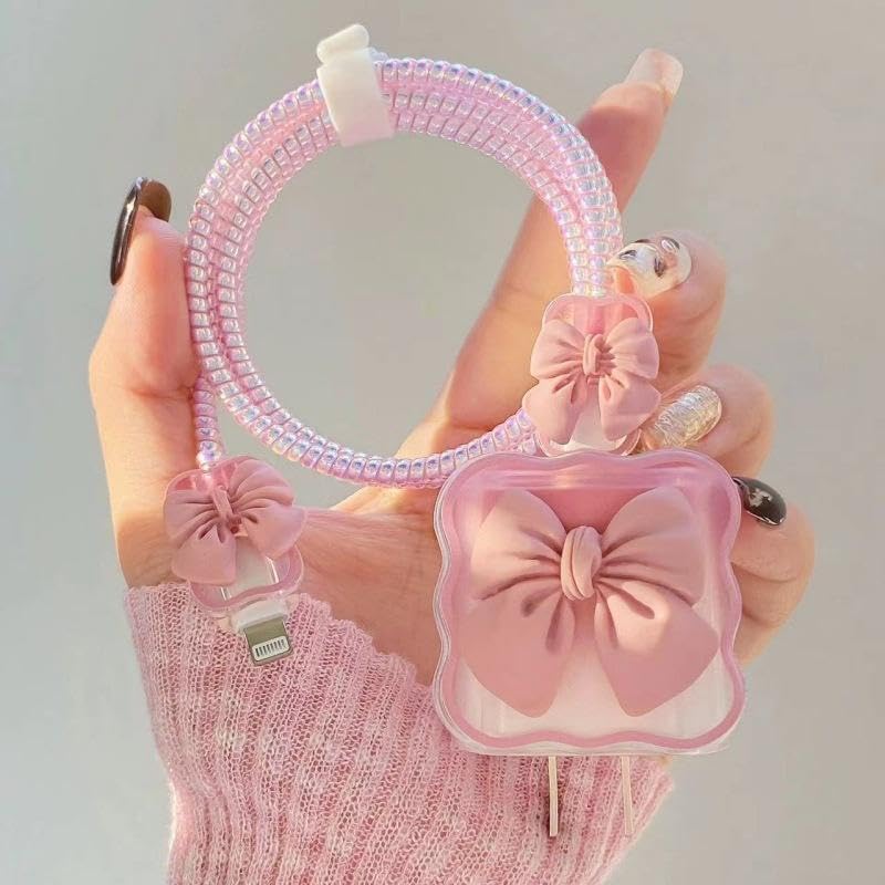 Image of 3D Bow Design Case Cover for iPhone Adapter Compatible with 18W and 20W Charger Only 360 Full Protection Silicone Case Cover 5 in 1. (Pink Bow)