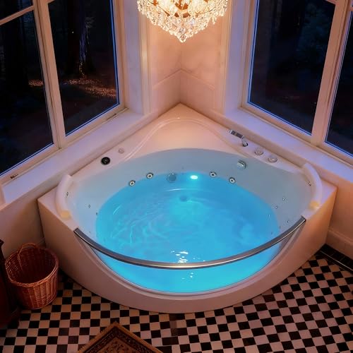 Luxury 59'' Corner Whirlpool Bathtub for 2 Person, 16 Hydro Massage Jets Jetted Spa Tub with Built-in Heater, Rainbow Floor Light, Handheld Shower & UL Certified Acrylic