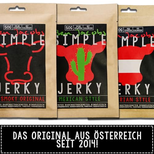 Beef Jerky Probierbox, 5 x 50g, handgemacht, Österreichs Beef Jerky Nr. 1, Premium Trockenfleisch ohne chemische Zusätze (Mixed Flavors)