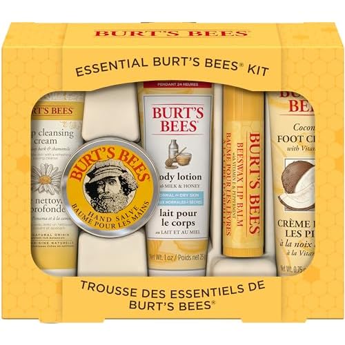 Burt’s Bees Essential Gift Set, Lip Balm, Hand Salve, Body Lotion, Foot Cream & Face Cleanser, 5 Travel Size Products