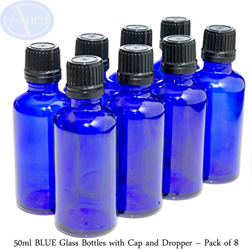 Preisvergleich Produktbild 8er-PACKUNG - 50ml BLAUGLAS-Flaschen mit Schwarzen Sicherheitsverschlusskappen & Dosier-Tropfern. Ätherisches Öl / Verwendung in Aromatherapie