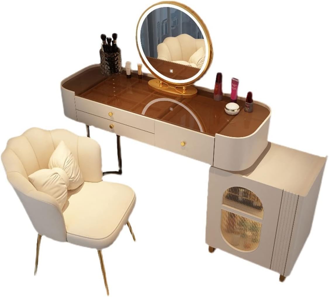 Vanity Dressing Table Set Luxury Makeup Bench with 3 Colors Led Hd Mirror,Comfortable Stool Drawers Cabinet,Modern Simple Style,for Girl's Gift (Size : 100cm) ()