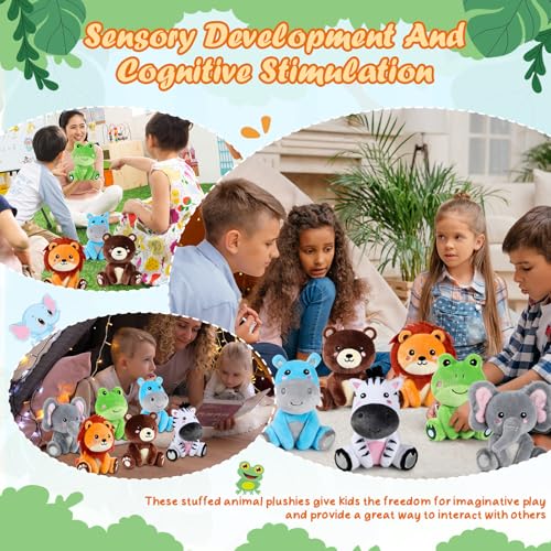 Image of RoundFunny 6 Pcs Forest Animals Toys 7 inch Stuffed Animals Set | Zebra Lion Hippo Bear Elephant Frog Large Animals Plush Toy for Forest Baby Showers Party Decor, Birthday Gifts Award