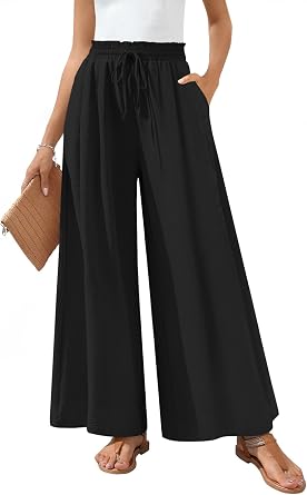 Womens Palazzo Flowy Gaucho Pants with Pockets | Dressy Wide Leg Casual Slacks Elastic Waist Trousers