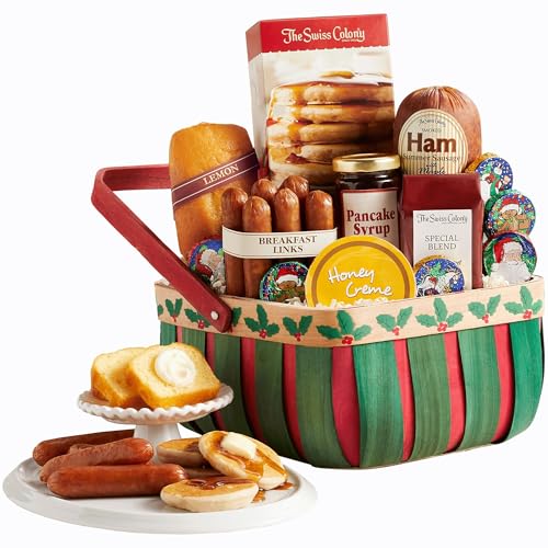 The Swiss Colony Holly Breakfast Basket Apple Cinnamon Pancake Mix, Maple Ham Summer Sausage Meats, Lemon Bread, Coffee, Holiday Gift Set, Breakfast Gift Basket for Adults