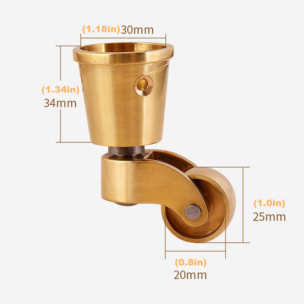 Ruote girevoli Set di 4 ruote girevoli per carichi pesanti in ottone massiccio, rotelle girevoli per mobili a tazza tonda, rotazione a 360°, silenziose, capacità di carico 150 kg, con viti,