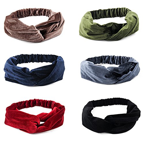 Yeshan Women Criss Cross Retro Velvet Headbands Solid Color Elastic Hairband Twisted Turban Headwrap,Pack of 6