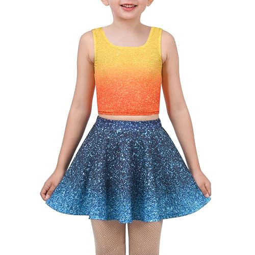 Image of Sunny Fashion Girls 2 Piece Top Tank Gradient Orange Skirt Sparkle Show Music