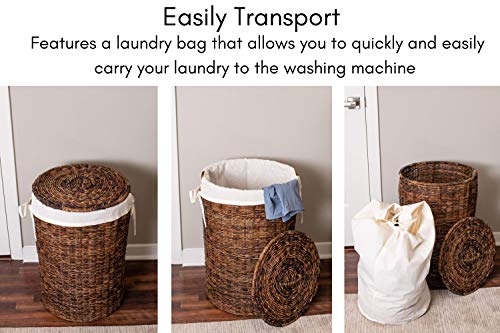 Birdrock Home Abaca Laundry Hamper With Liner - Round Clothes Bin With Lid - Organize Laundry - Cut-Out Handles For Easy Transport - Includes Machine Washable Canvas Liner (Espresso) #TOP4