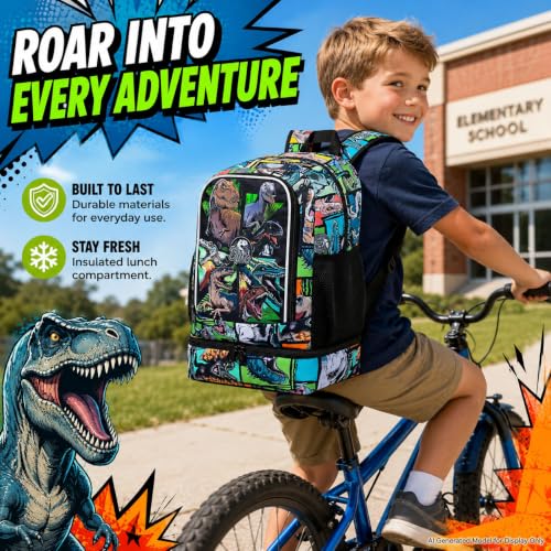 Image of WZLVO 2-In-1 Boys Dinosaur Backpack Set, 17 inch Cool UV Printing Kids Bookbag /School Bag with Built-in Lunch Compartment & Pencil Bag for Preschool to Elementary - Dinosaur Khaki