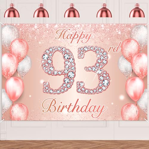 Image of Happy 93rd Birthday Rose Gold Banner Cheers to 93 Years Old Backdrop Confetti Balloons Theme Decor for Women 93 Years Old Pink Birthday Party Decorations Bday Supplies Background Favors Gift Glitter