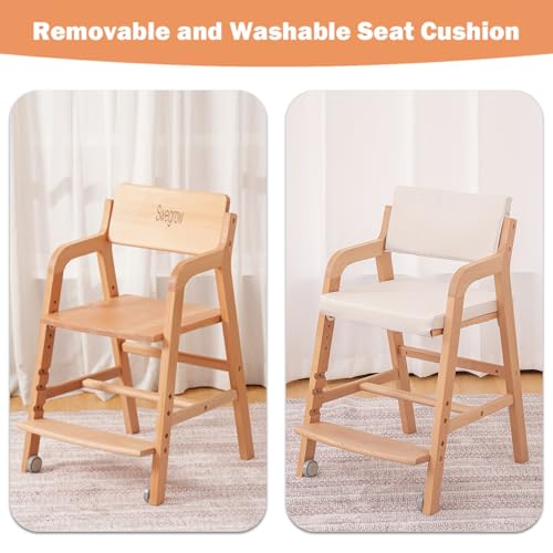 Image of Swegrow Wooden High Chair with 2 Wheels, Adjustable Seat - Backrest - Footrest Heights, Wooden High Chair for Toddlers - Kids and Baby, Kids Dining Chair with Removable Cushion(Beige)