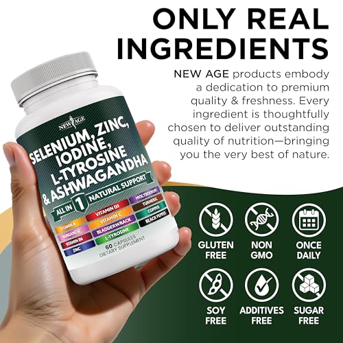 new age selenium zinc iodine l tyrosine ashwagandha - supplement for women and men with bladderwrack turmeric silica kelp schisandra - 120 count