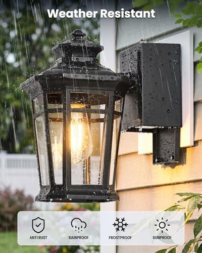 Image of Gleamz Large Dusk to Dawn Outdoor Lighting with GFCI Outlet, Black Exterior Lighting Fixtures, Outdoor Porch Lights Wall Mount for Garage, Patio, Coach, 100% Aluminum Anti-Rust Waterproof