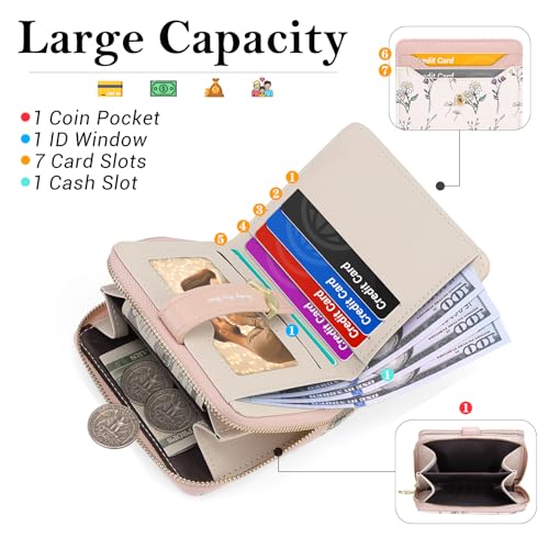 Image of BIAOTIE Wallet for Women Cute Floral Flower Wallet RFID Credit Card Holder Purse Small Bifold Zipper Coin Pocket Purse with ID Windows (Pink Fl)
