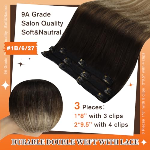 Image of Full Shine Real Hair Clip in Extensions 20 Inch Clip in Hair Extensions Balayage Black Ombre to Blonde Mix Brown Remy Soft Hair Lace Weft Long Straight Hair 3 PCS 60 Grams