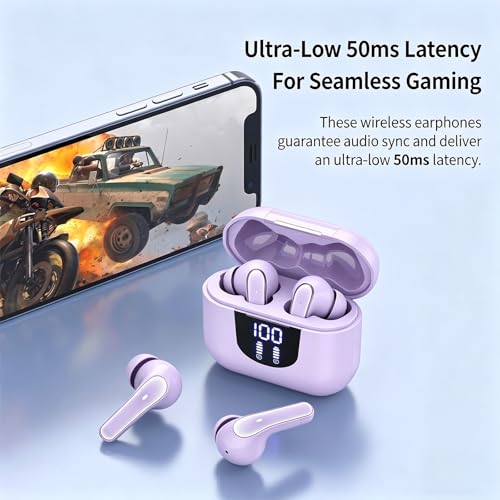Image of Nyxo K06 Wireless Warbuds Woise Cancellation with LED Power Display, Type-C Fast Charging, 50ms Low Latency, Lightweight BT V5.4, 3D Spatial Audio, 10mm Rich Bass DriversClear Calls (Purple)