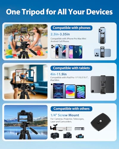 Image of 75 inch Heavy Duty Camera Tripod Stand - Max Load 15LB, Aluminum Travel Tripod for DSLR /Phone /Tablet /Projector, 3-Way Pan Head & Quick Release Plate, Compact Foldable Design (Blue)