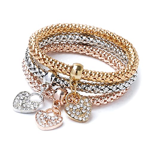 12PCS Gold/Silver/Rose Gold Corn Chain Bracelet Crystal Multilayer Butterfly Heart circle Life tree locket Charming Stretch Bracelet for Women SZ062