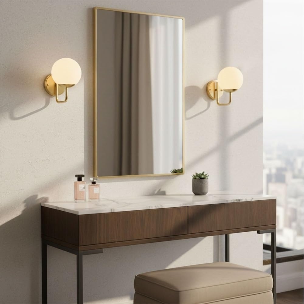 Nordic Glass Globe Wall Sconce, Vintage Brass Wall Light with Frosted Milk Glass Shade, Minimalist Indoor Wall Lamp for Living Room, Bedroom, Dining Room, Hallway, Entryway Parlor(Large)