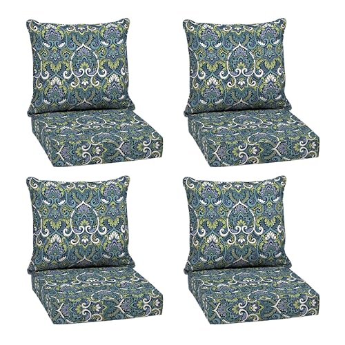 Image of Arden Deep Seat Outdoor Chair Cushion Set (4-Pack), 24 in x 24 in, Weather-Proof, Rain-Proof, Fade Resistant Patio Cushion Set for Chair, Sofa, and Couch Sapphire Aurora Blue Damask
